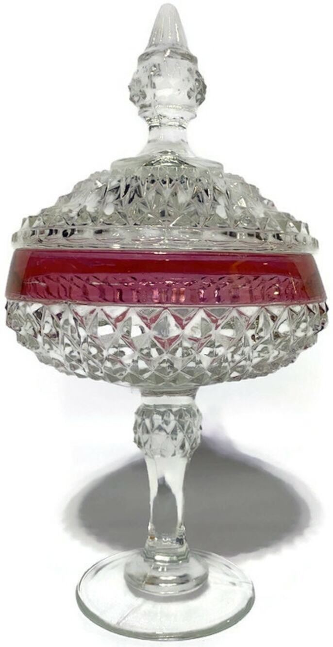 Vintage Indiana Glass Diamond Point Covered Candy Dish Clear w/Red Trim 12"